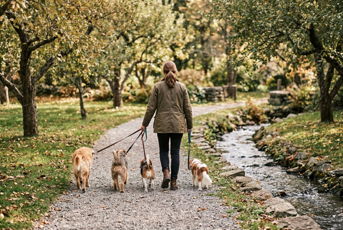 Dogs on leashes walking with a handler along the brook path through the orchard