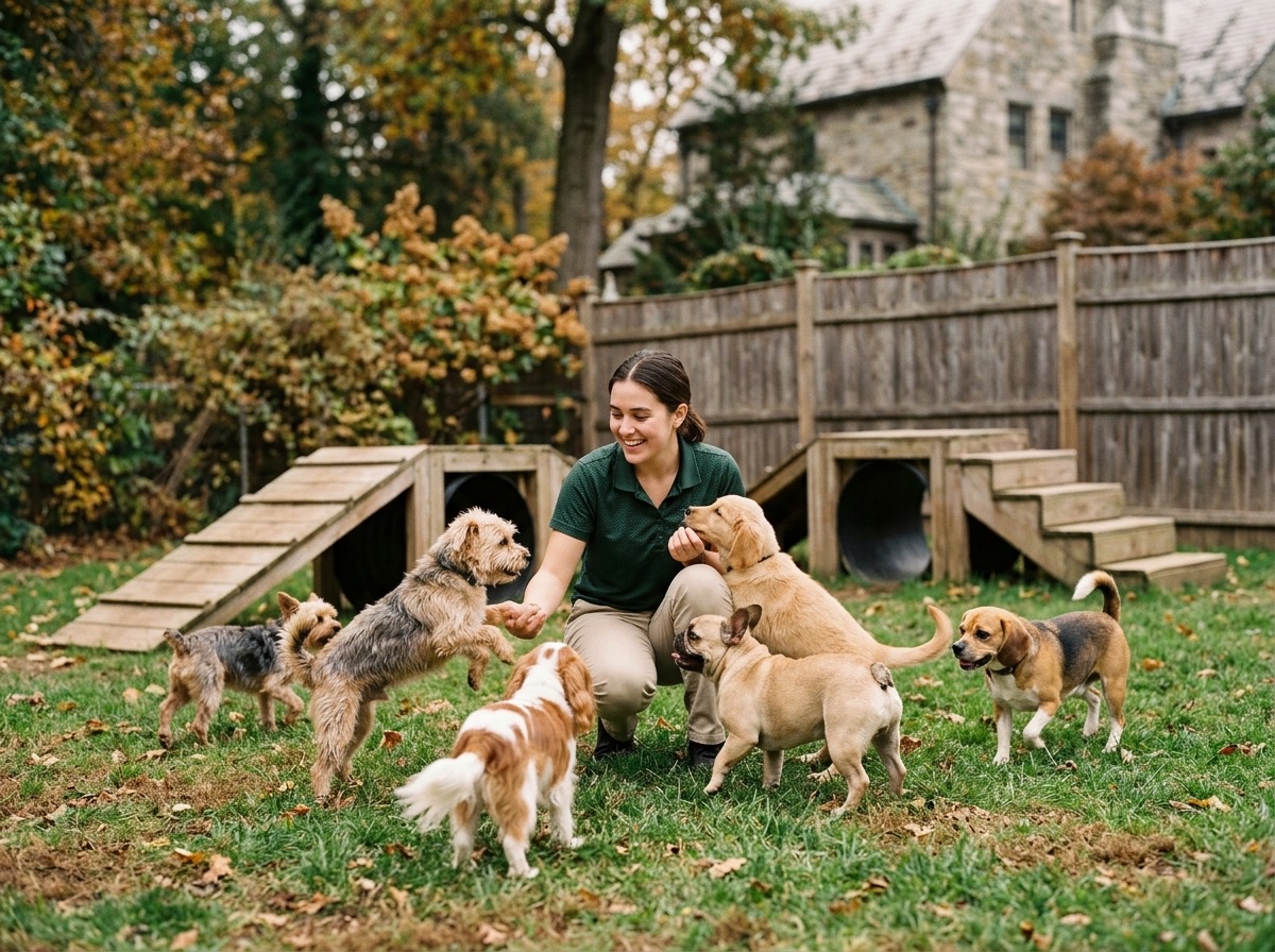 A handler crouching with a group of small and medium dogs in the daycare yard