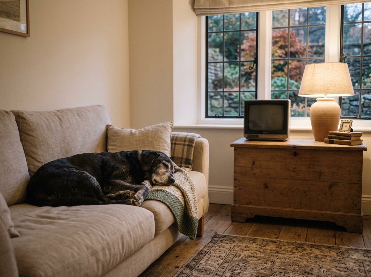 An older labrador curled up on a sofa in a cottage room with a lamp and a small TV