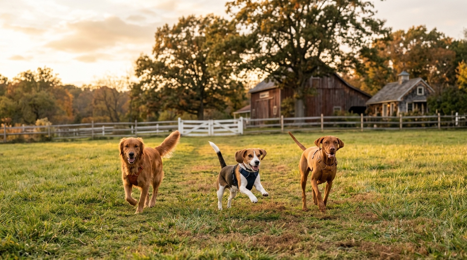Three dogs running across the meadow at Bramble & Bark at golden hour, with the barn behind them