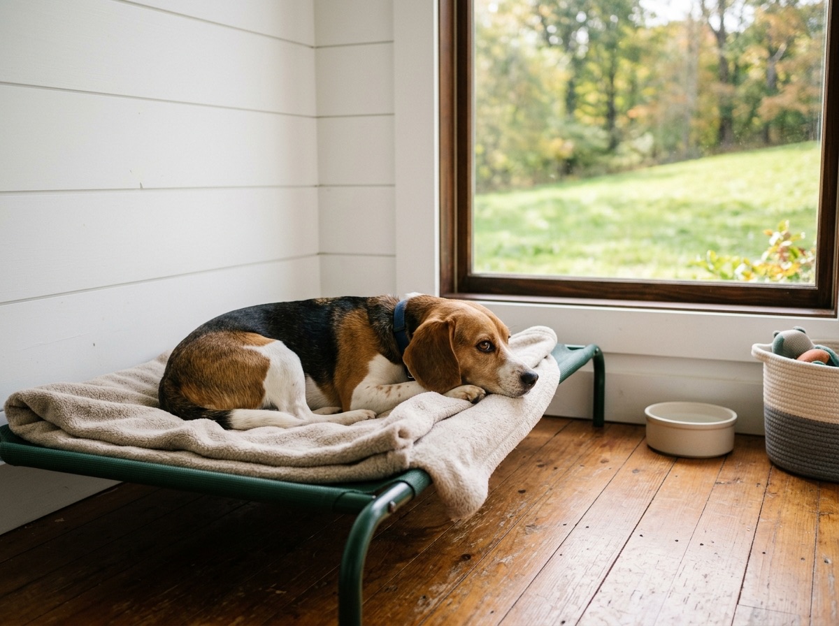 A beagle resting on a raised bed in a bright suite with a window onto the meadow