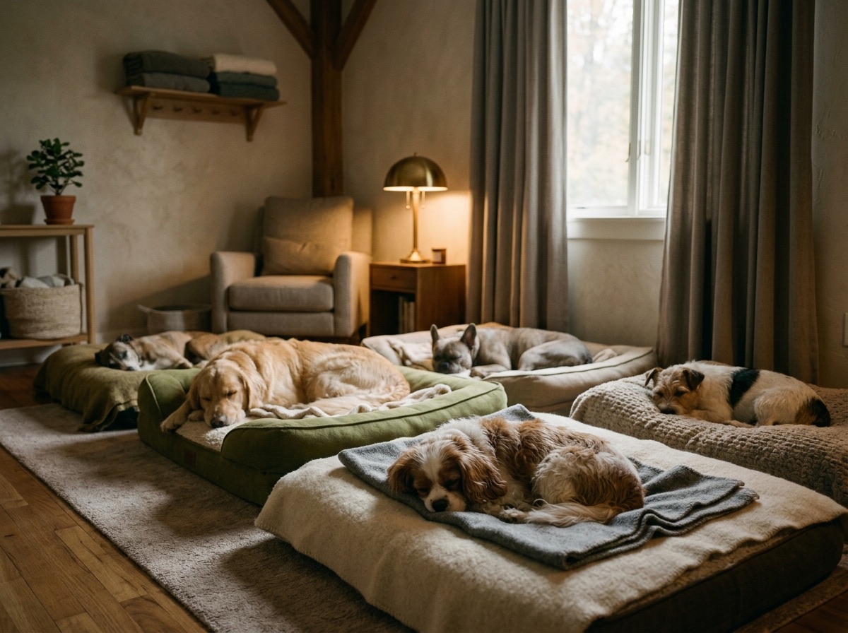 Dogs asleep on soft beds in the dim nap room