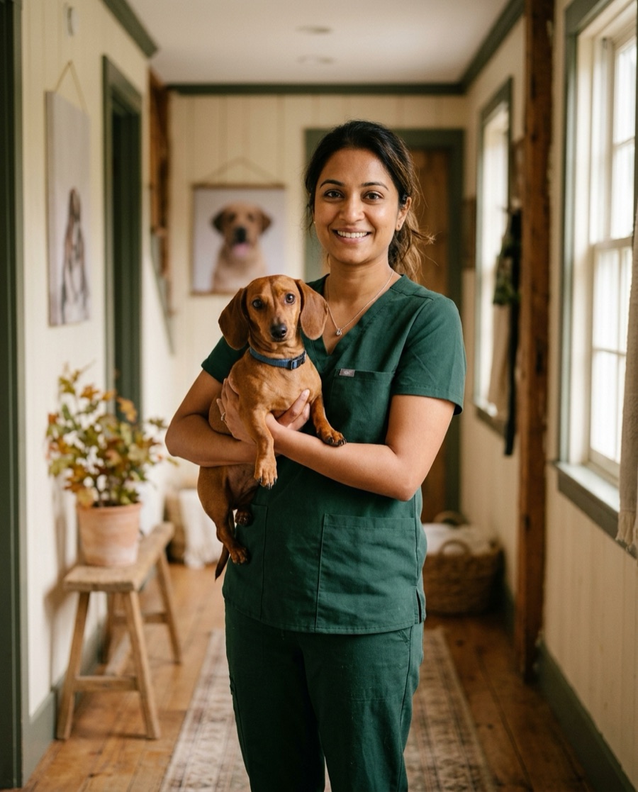 Priya Nair in the cottage hallway holding a dachshund